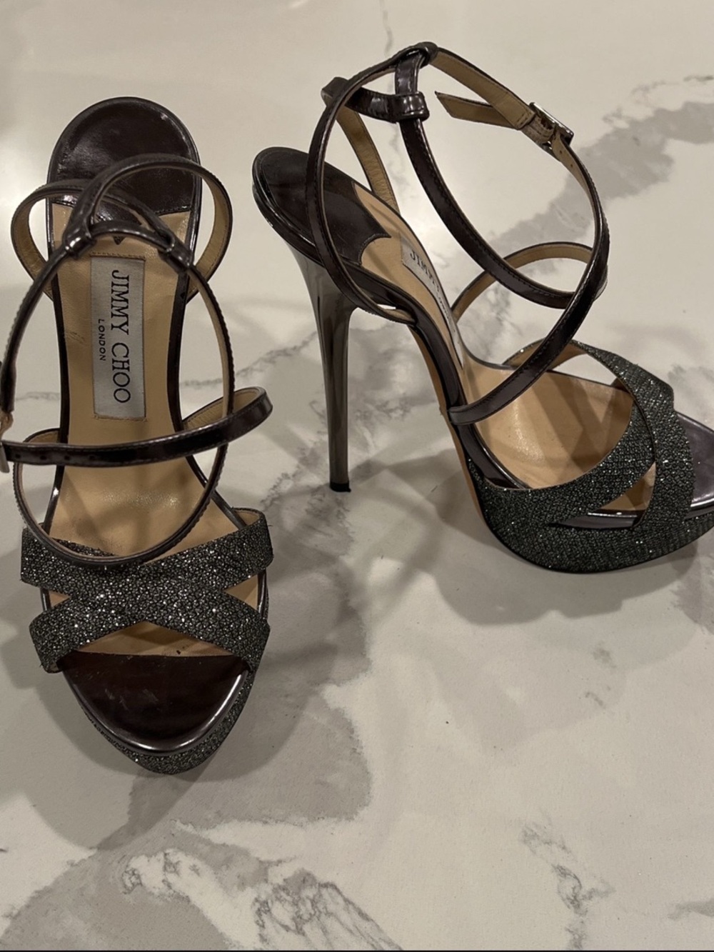 Jimmy Choo Black Glitter Strappy Stiletto Sandals